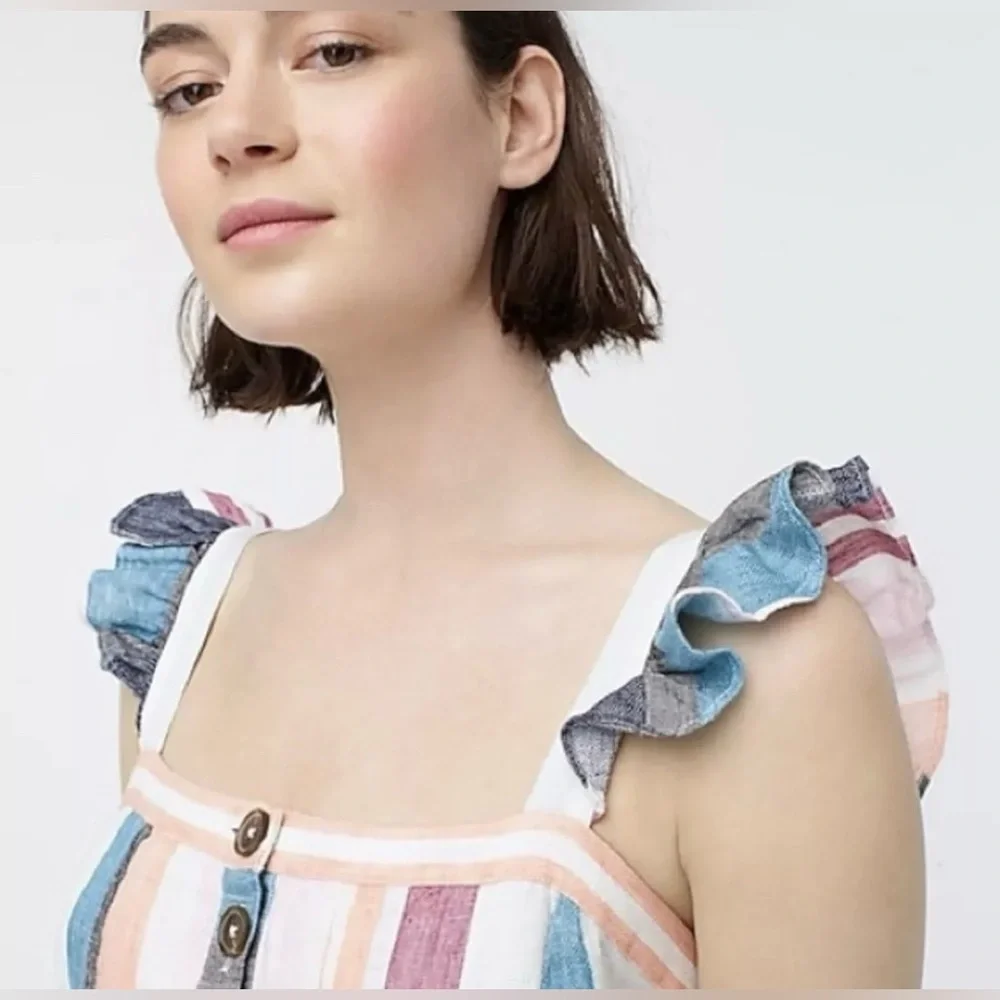 J CREW Linen Button-up midi dress in mixed stripe Multicolor Sleeveless Lined - Picture 5 of 15